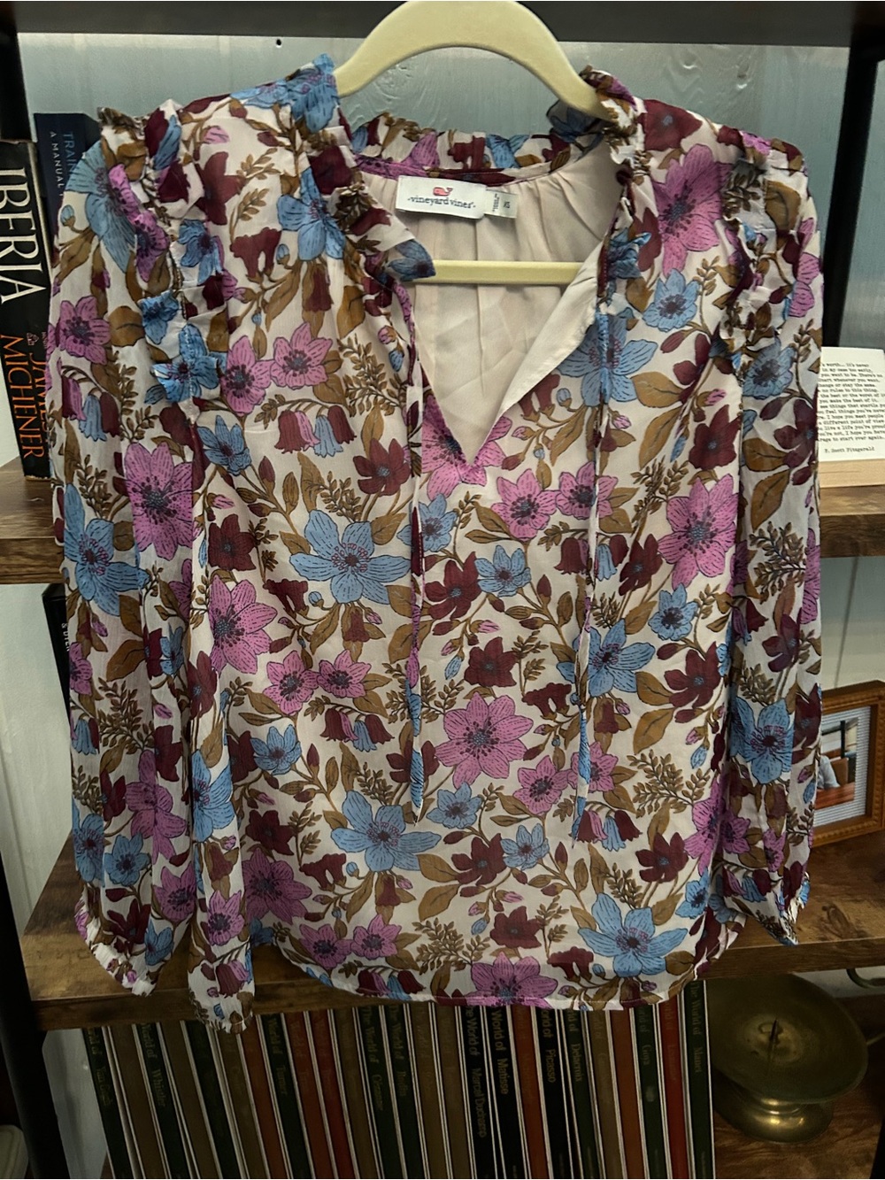 Vineyard Vines Floral Tie-Neck Blouse in Blue, Pink & Brown